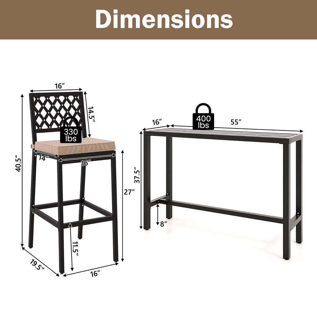 3PCS Outdoor Metal Bar Table & Chairs Set with Cushion F8430