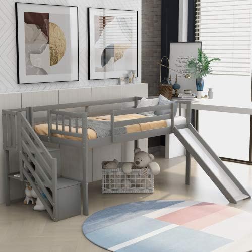 Twin Size Low Loft Bed with Slide and Staircase Gray B69061