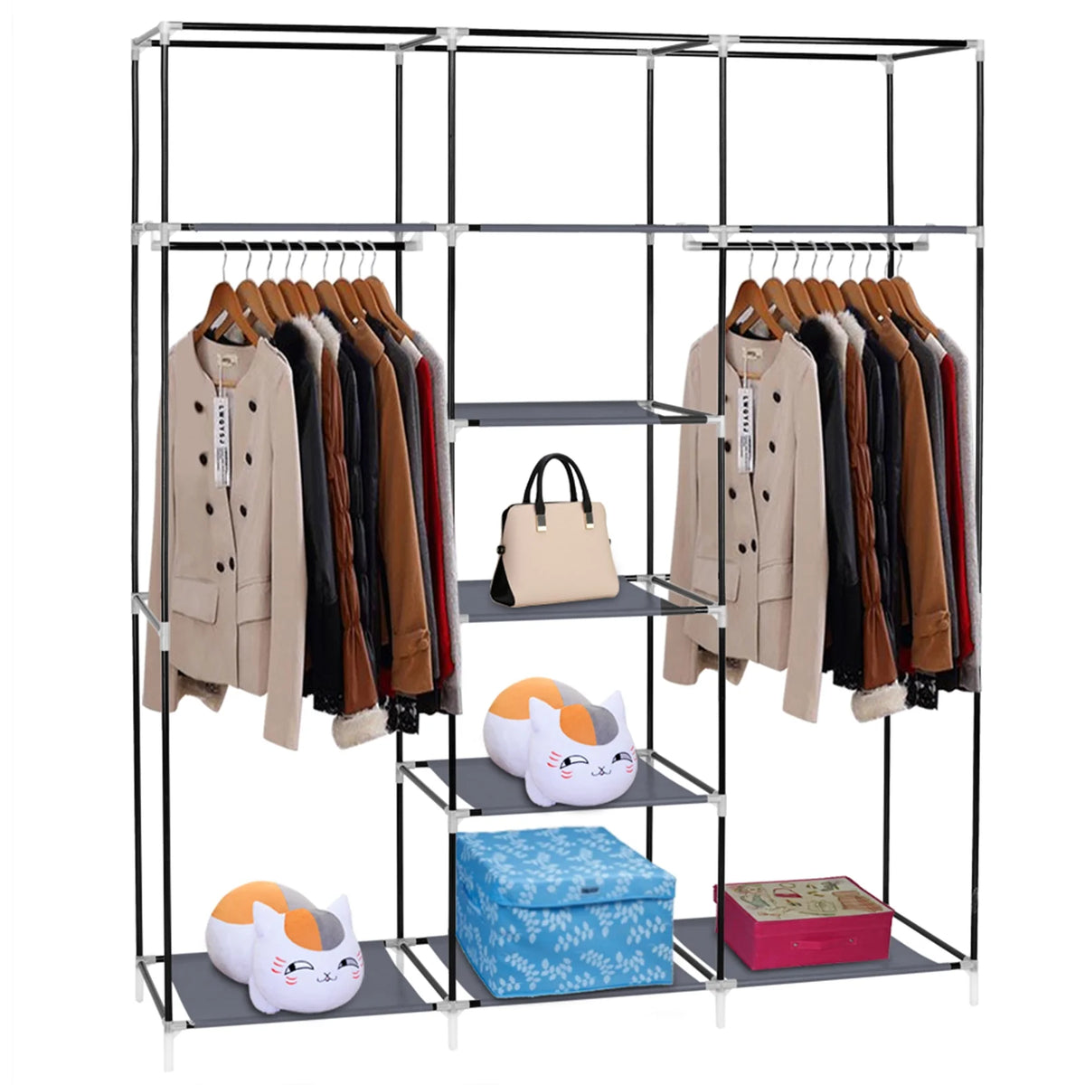 69 Inch 5 Tier Portable Closet Wardrobe with 9 Storage Shelves Gray K183