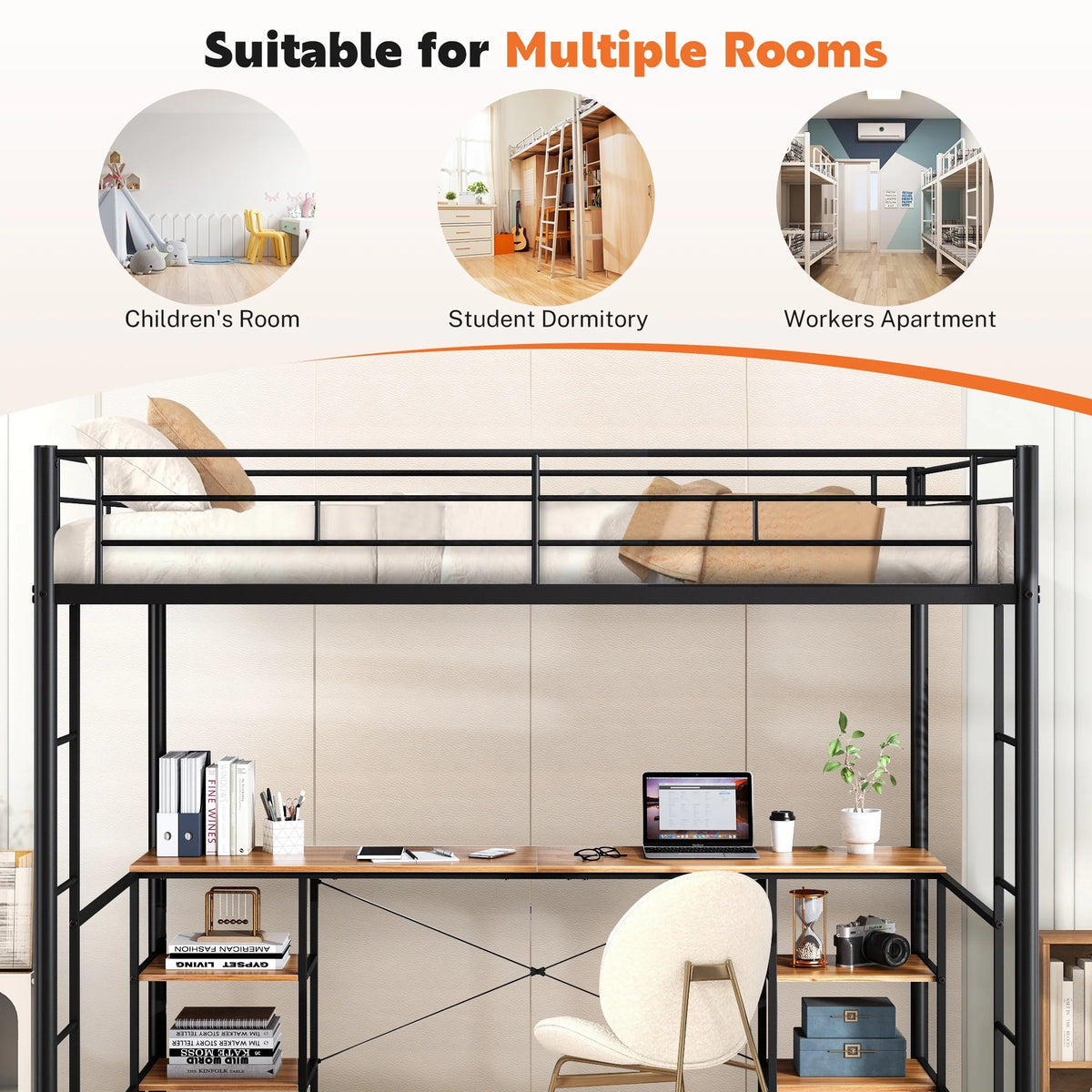 Black Twin Metal Loft Bed with Desk and 4 Shelves M286507