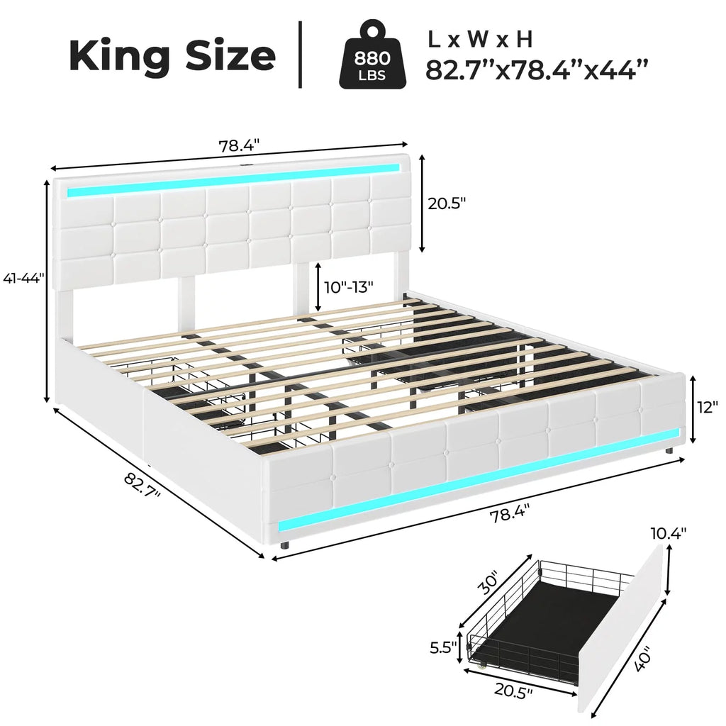 King Bed Frame with Storage Drawers, LED Lights, USB Port, White T703652
