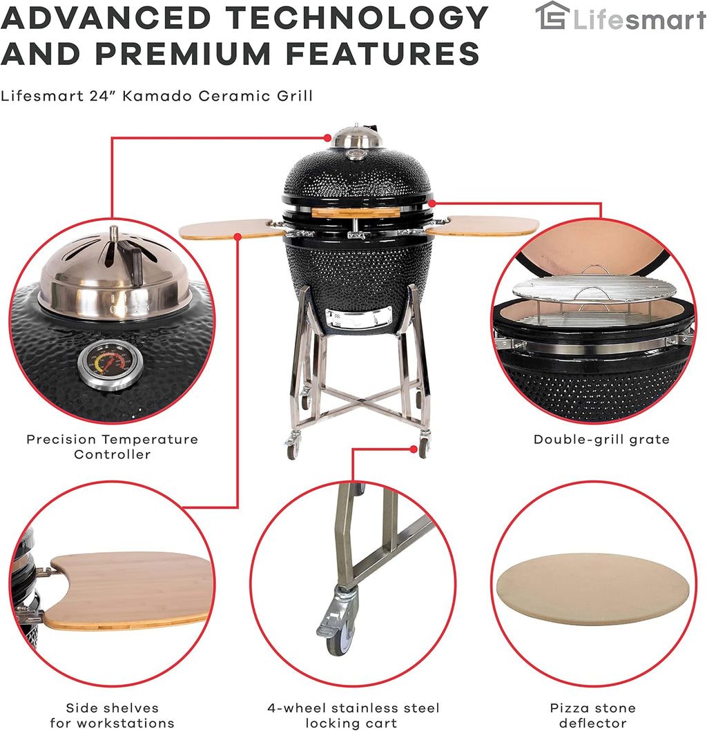 24 Kamado Ceramic Grill with Stainless Steel Cart I85126