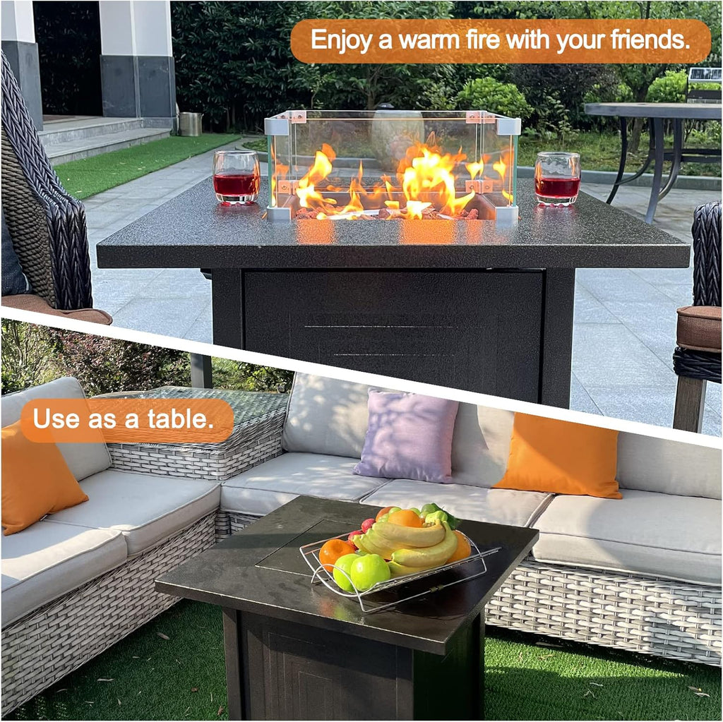 50000BTU Metal Propane Fire Pit Table with Glass Wind Guard and Lava Stone I934