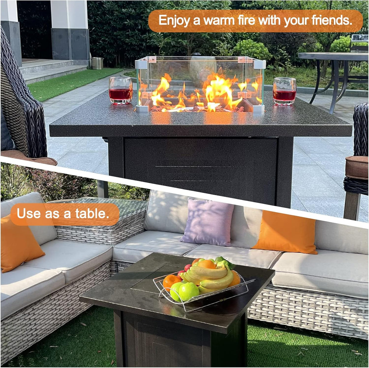 50000BTU Metal Propane Fire Pit Table with Glass Wind Guard and Lava Stone I934
