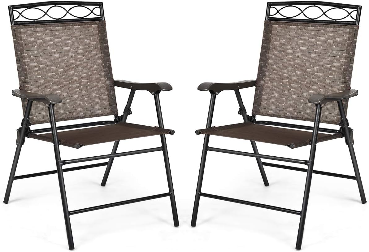 Set of 2 Folding Outdoor Sling Chairs with Armrest and Metal Frame L9946