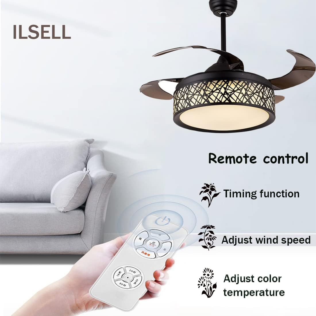 42'' Black Cage Retractable Ceiling Fan with Light and Remote H84190