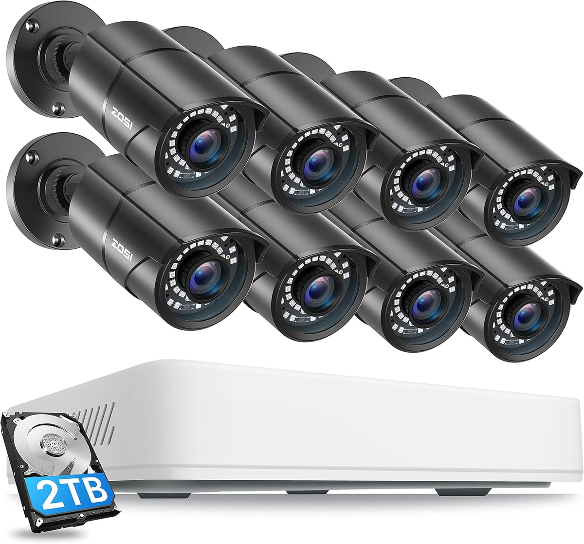 5MP 2K 8 Channel CCTV DVR 2TB 8 Weatherproof Bullet Cameras Home Security Camera System H832294