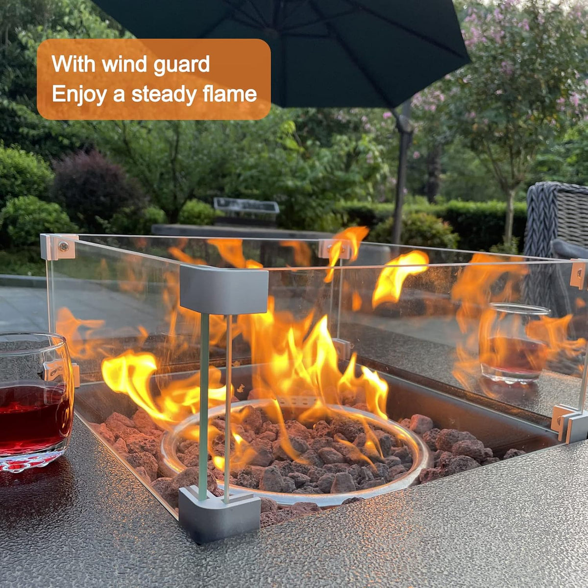 50000BTU Metal Propane Fire Pit Table with Glass Wind Guard and Lava Stone I934