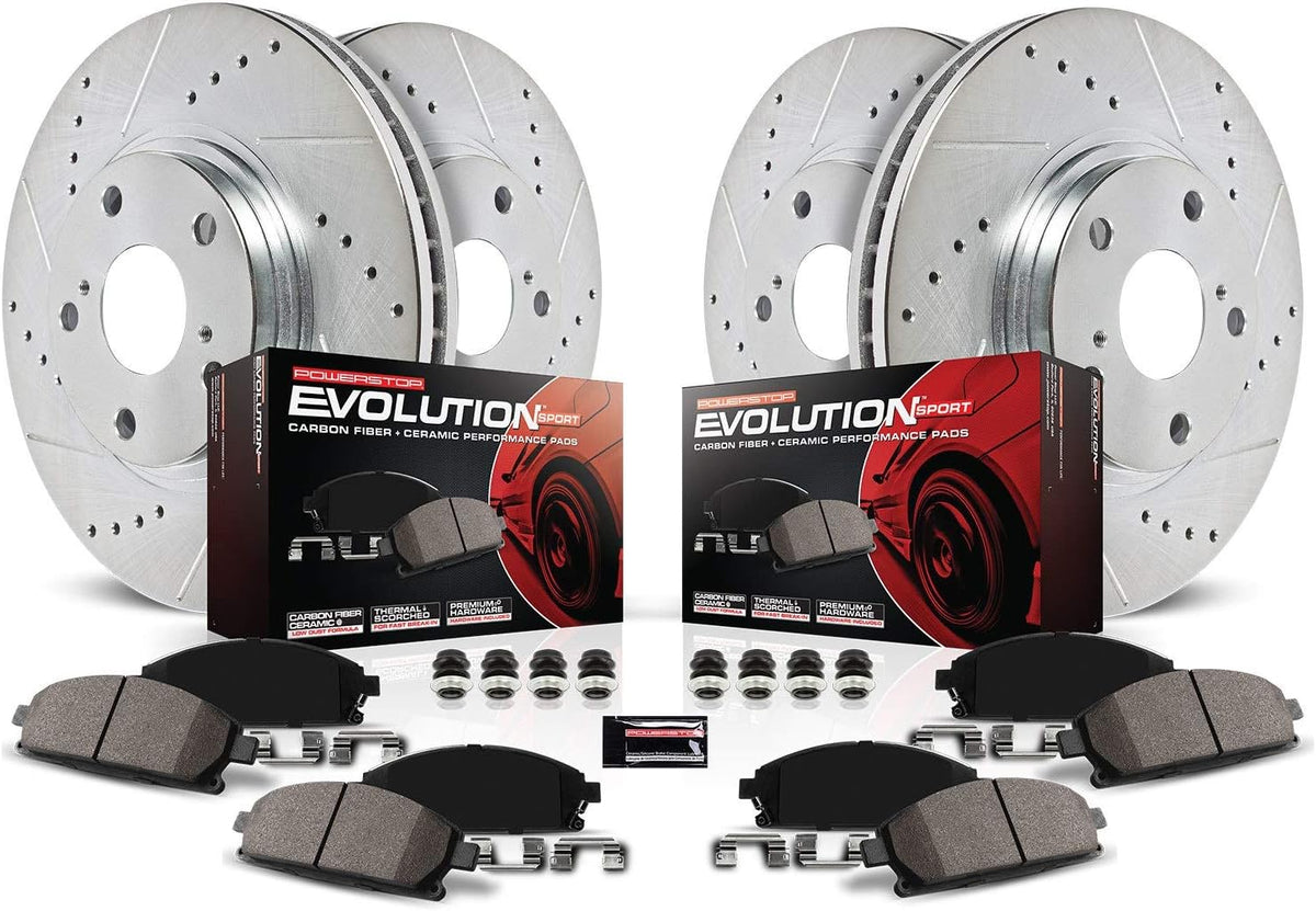 Front and Rear Carbon Fiber Brake Pads with Drilled & Slotted Brake Rotors Kit B941