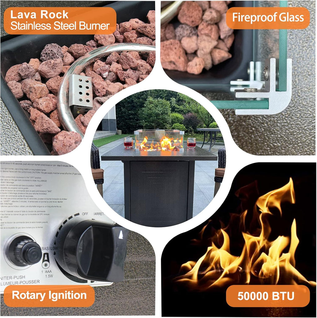 50000BTU Metal Propane Fire Pit Table with Glass Wind Guard and Lava Stone I934