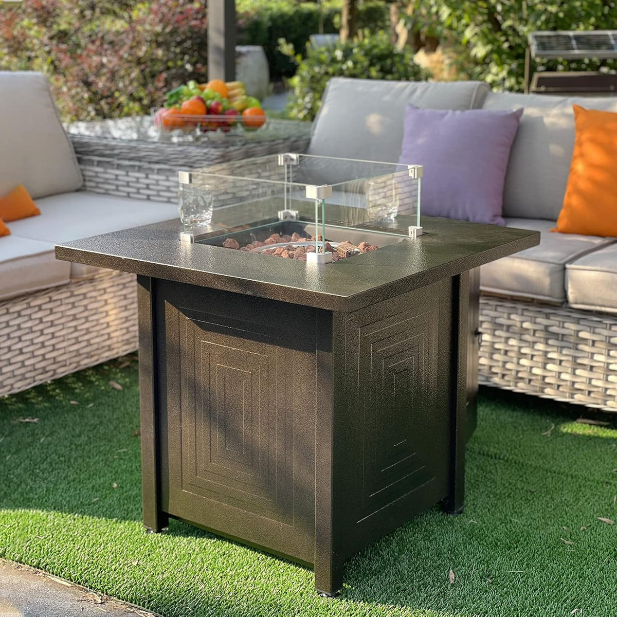 50000BTU Metal Propane Fire Pit Table with Glass Wind Guard and Lava Stone I934