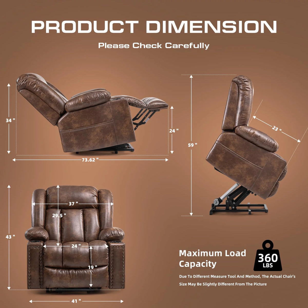 Brown Wide Breathable Leather Power Lift Recliner with Massage and Heat N131