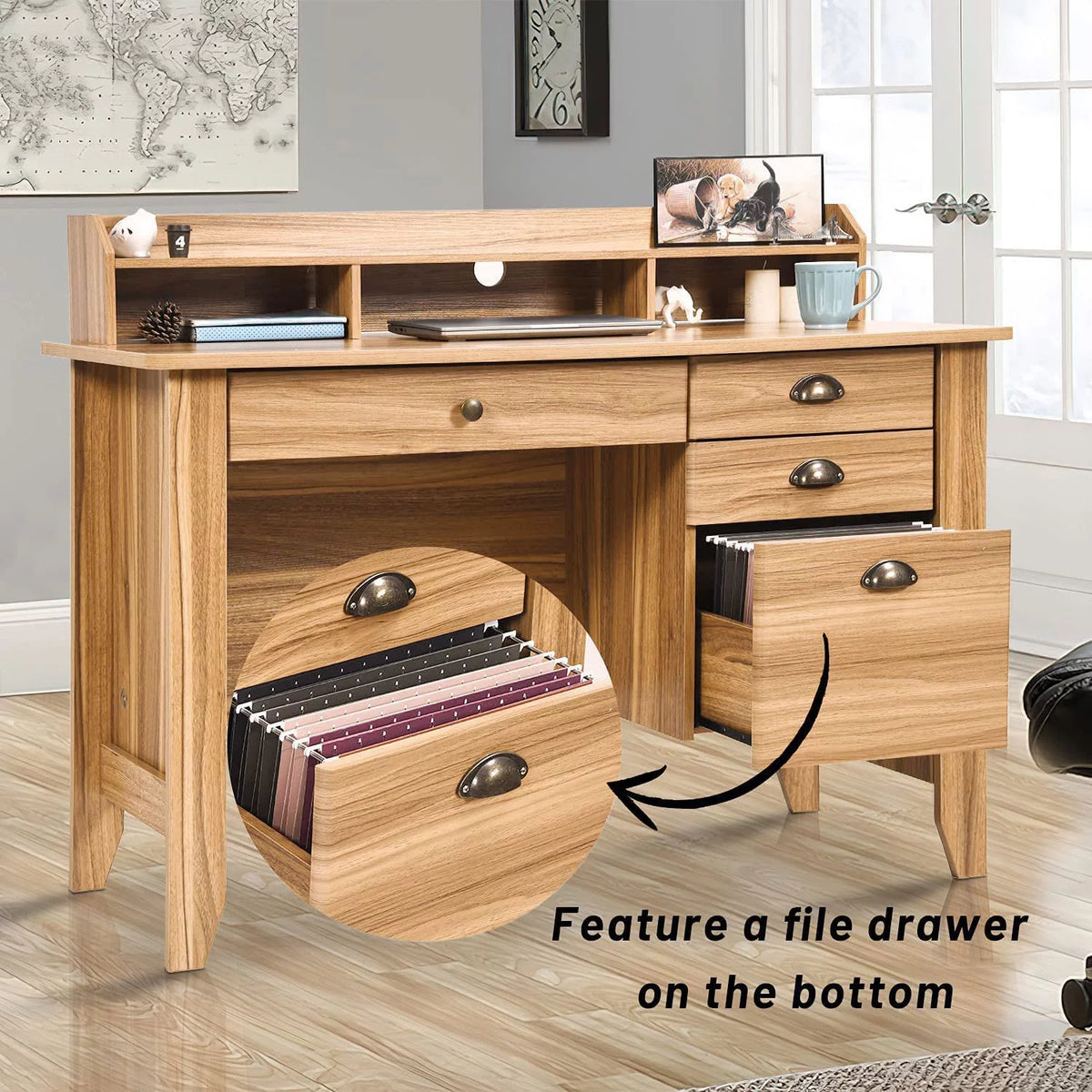 White Oak Computer Desk with Drawers and Hutch Shelf B487
