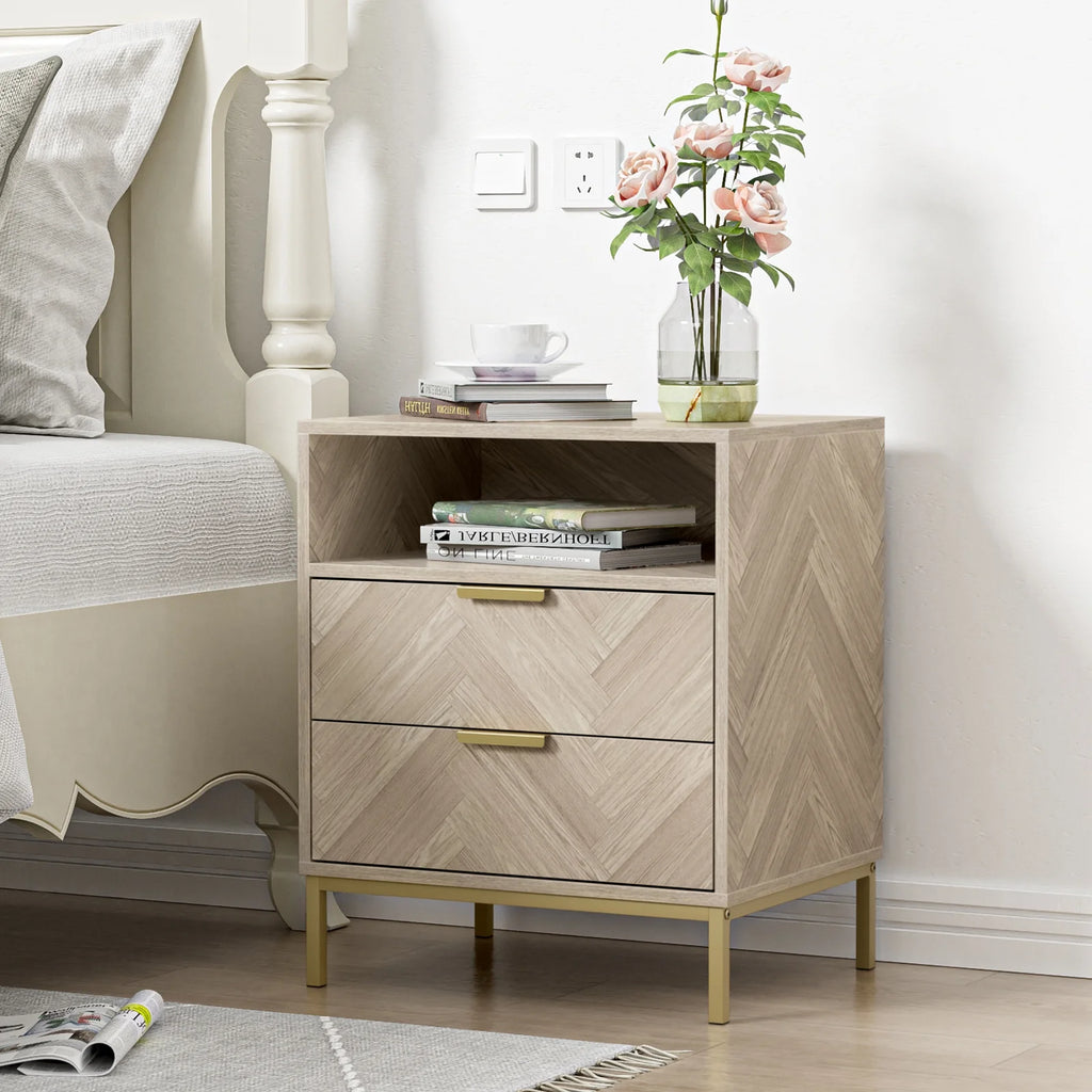 Oak 2 Drawer Wood Nightstand with Open Shelf A89595