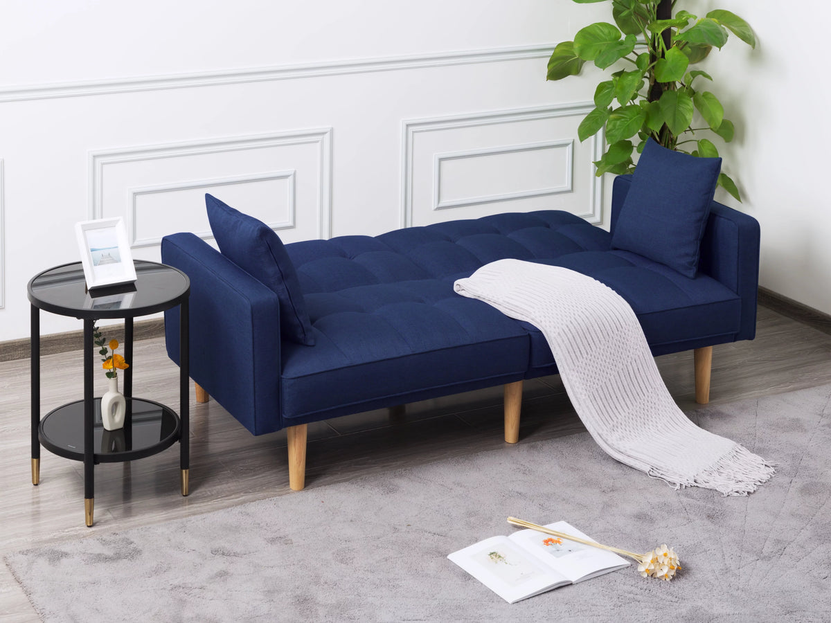 71.3 inch Futon Sofa Bed Convertible Sleeper Couch with 2 Pillows Navy Blue W198