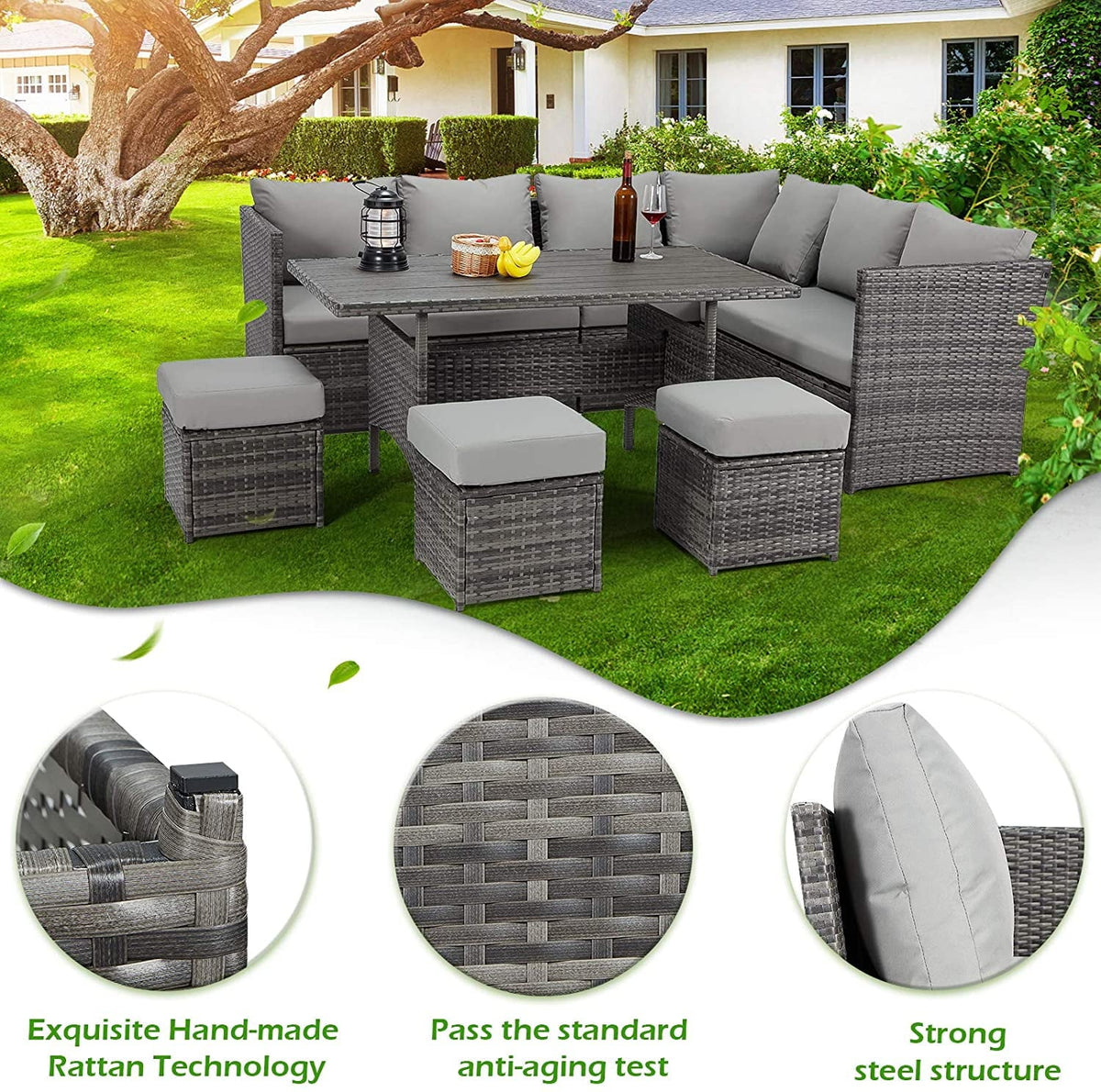 7 Piece Outdoor Sectional Sofa Rattan Wicker Dining Furniture I915401