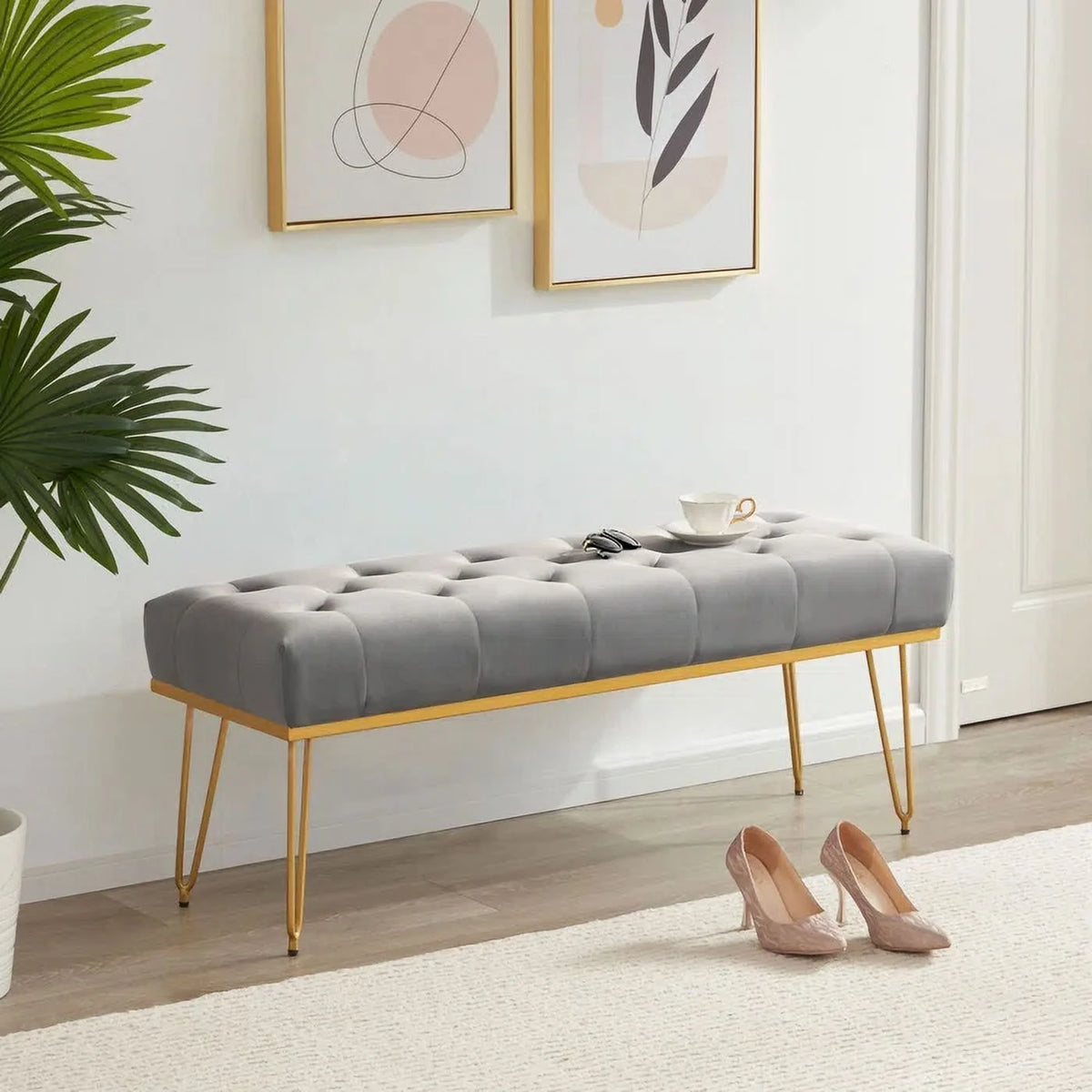 Gray and Golden Velvet Ottoman with Metal Base N241