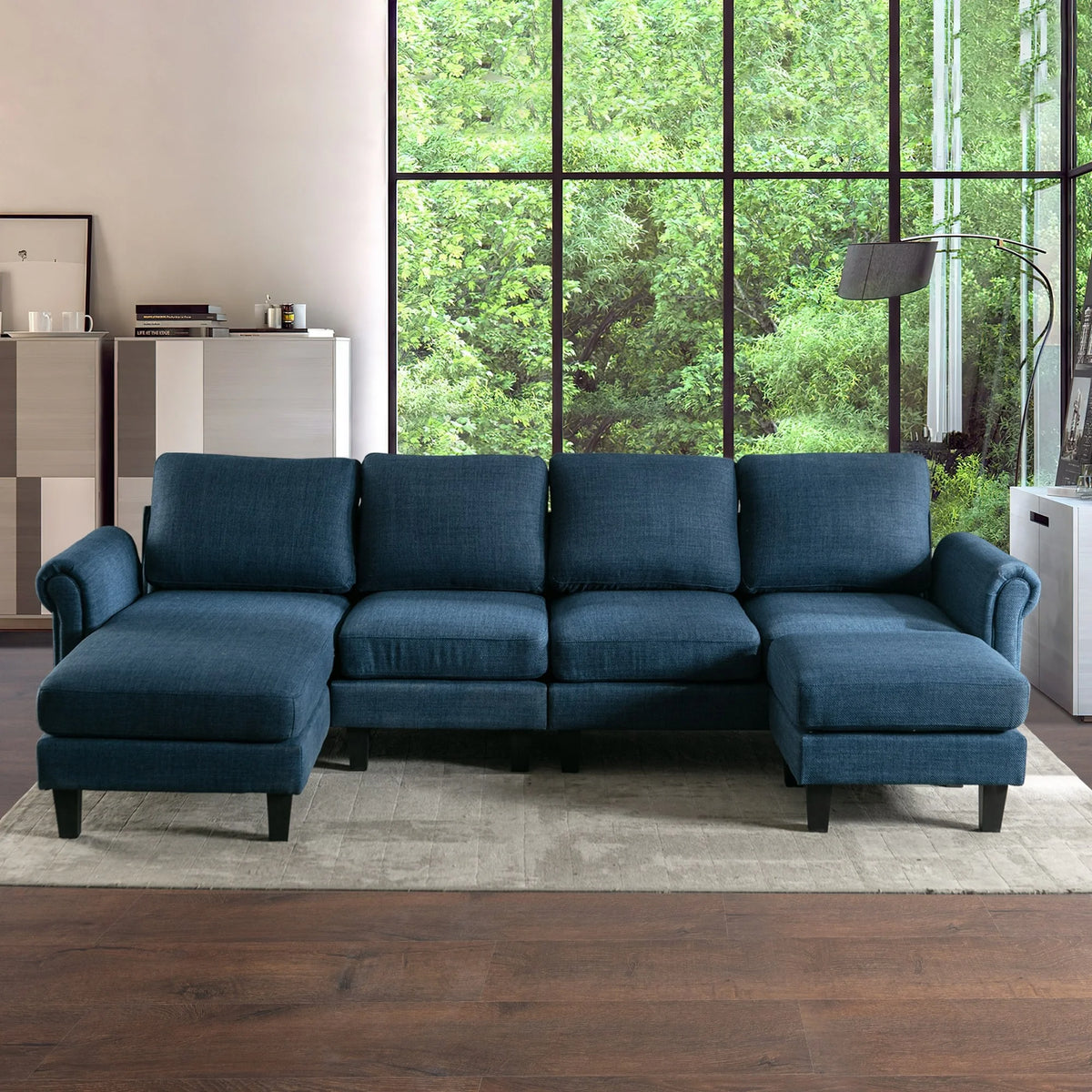 Charcoal Grey U-Shaped Sectional Couch with Chaise and Ottoman D788