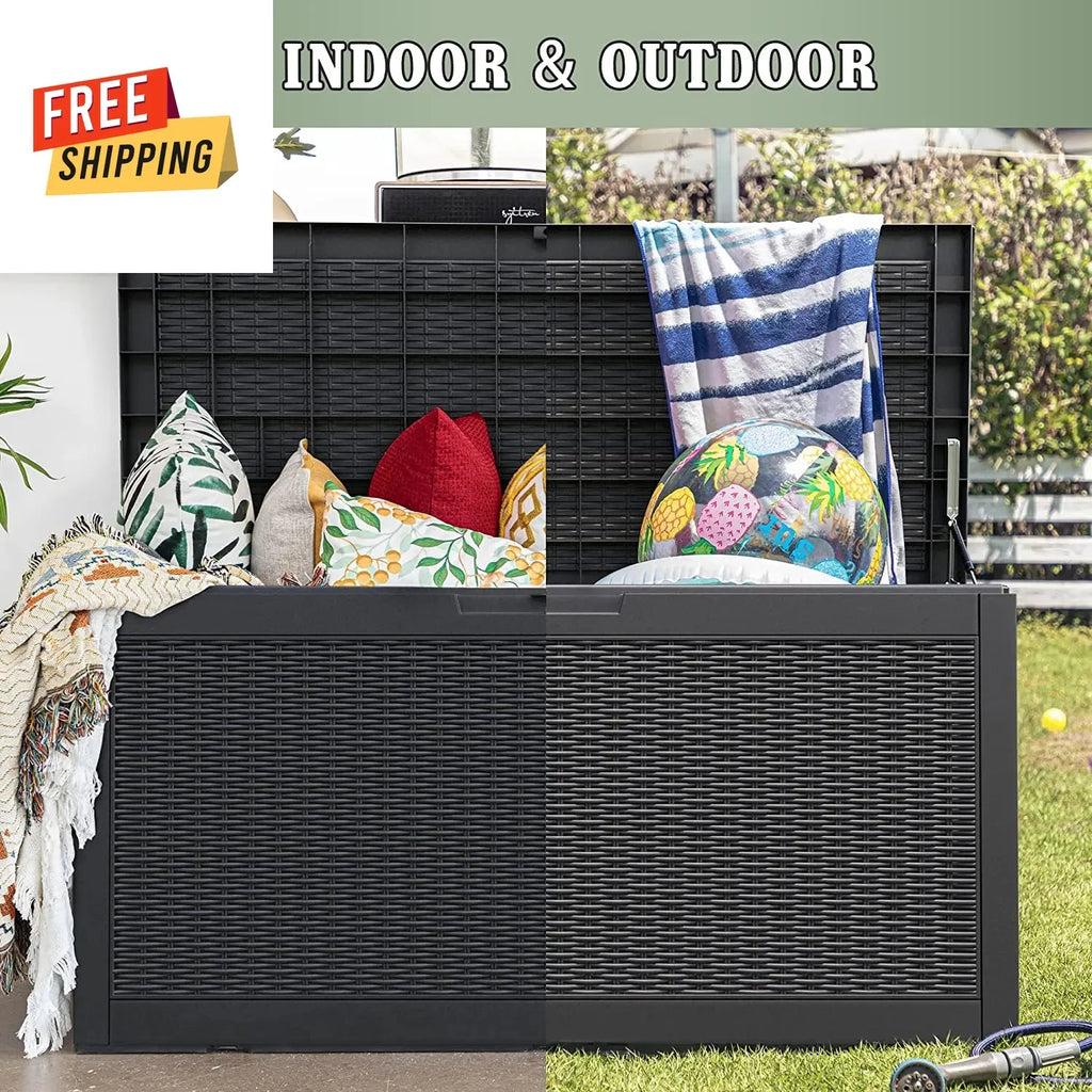 100 Gallon Waterproof Rattan Resin Outdoor Storage Deck Box with Divider H71651
