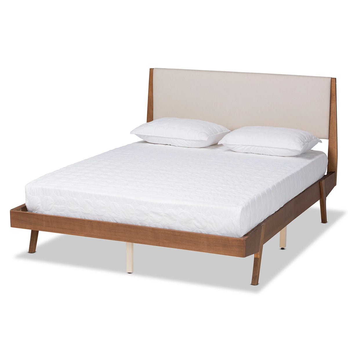 Beige Fabric Upholstered Walnut Brown Wood Queen Size Platform Bed Y237222