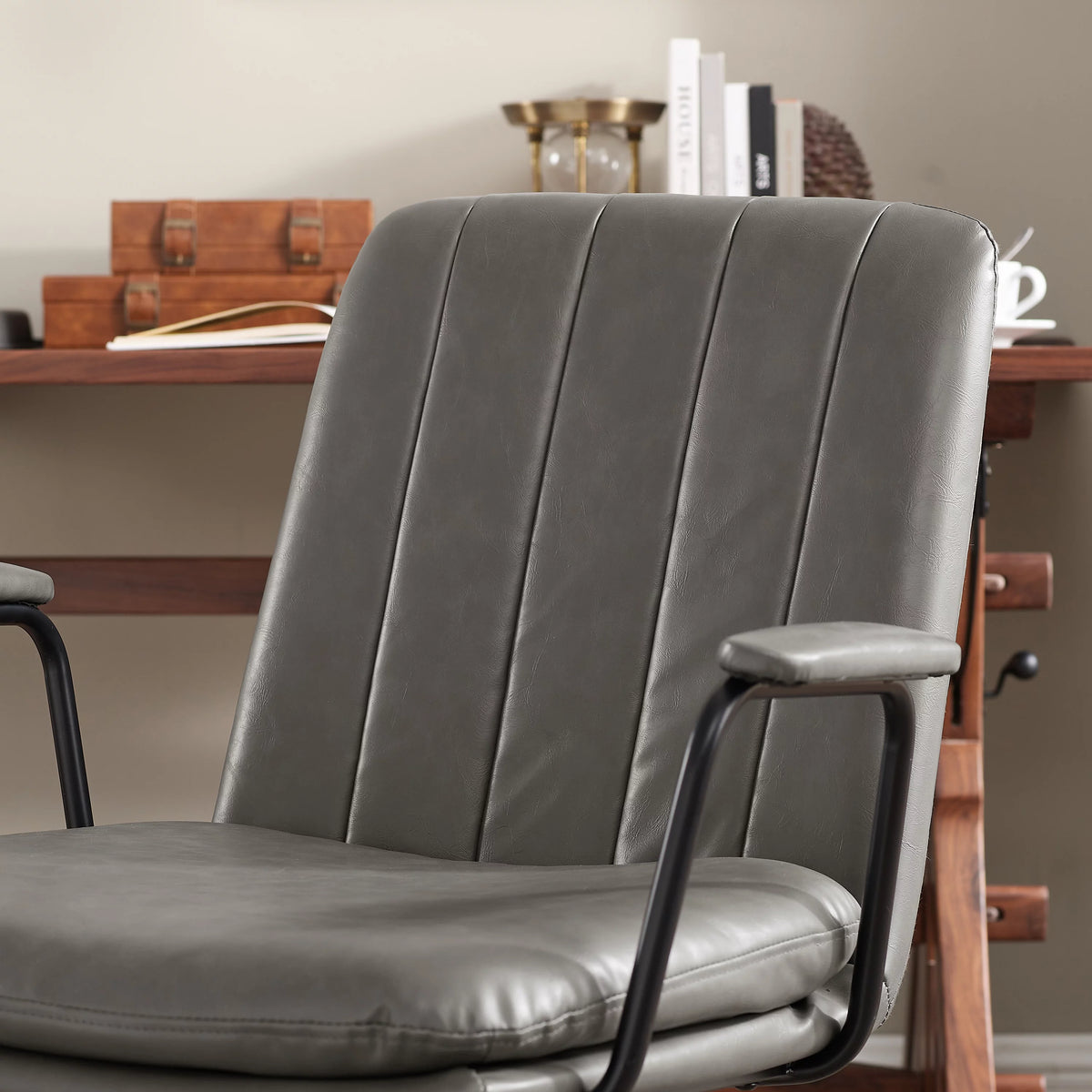 Gray Faux Leather Swivel Accent Chair with Oak Wood Legs I95543