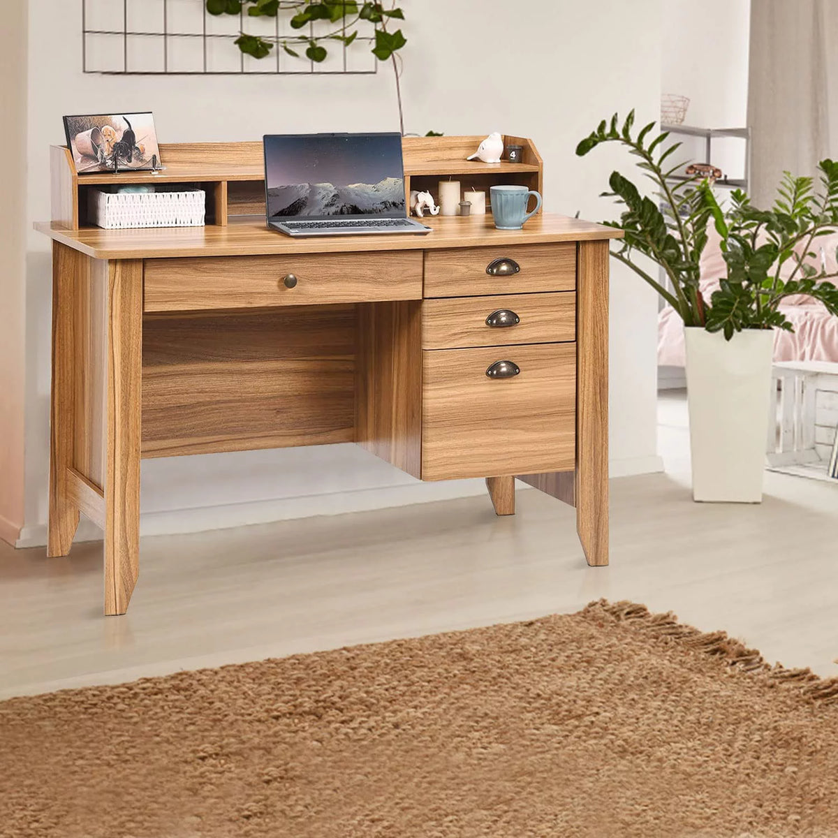 White Oak Computer Desk with Drawers and Hutch Shelf B487