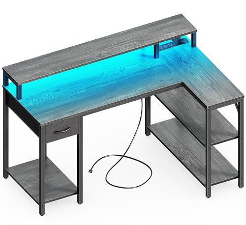 47 inch Reversible L Shaped Desk with LED Lights & Power Outlets U550825