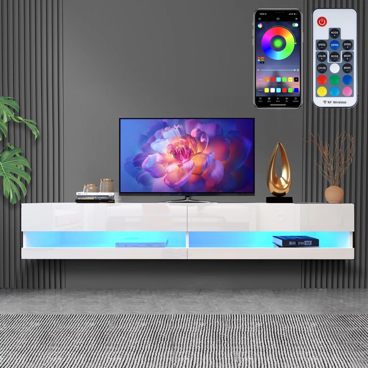 White High Gloss Wall Mounted TV Stand with LED Lights I436