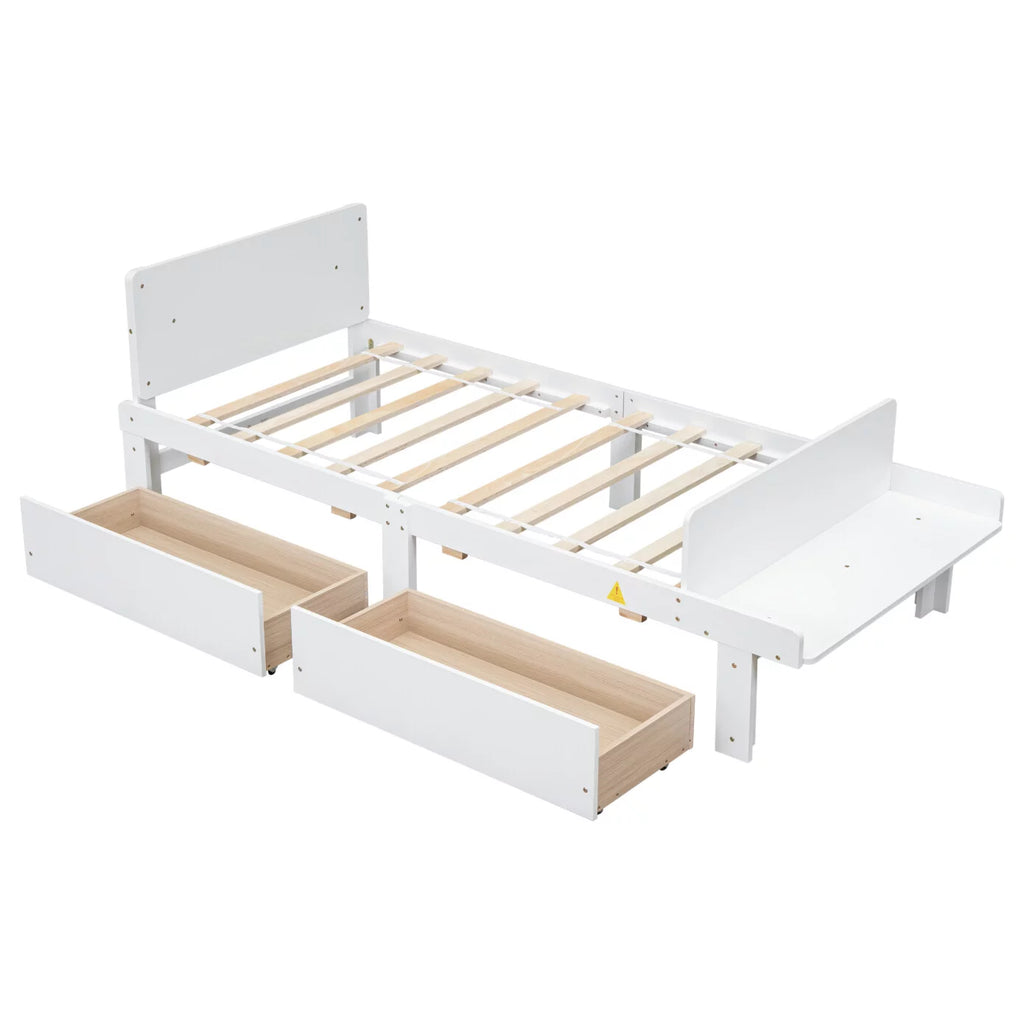 White Twin Size Wood Platform Bed Frame with 2 Storage Drawers F418