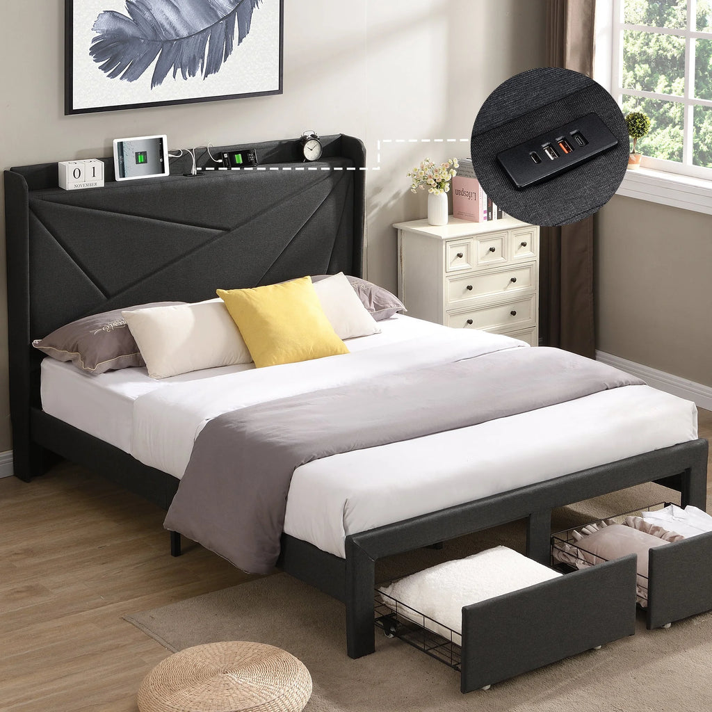 Queen Size Bed Frame with 2 Storage Drawers Dark Gray K19704
