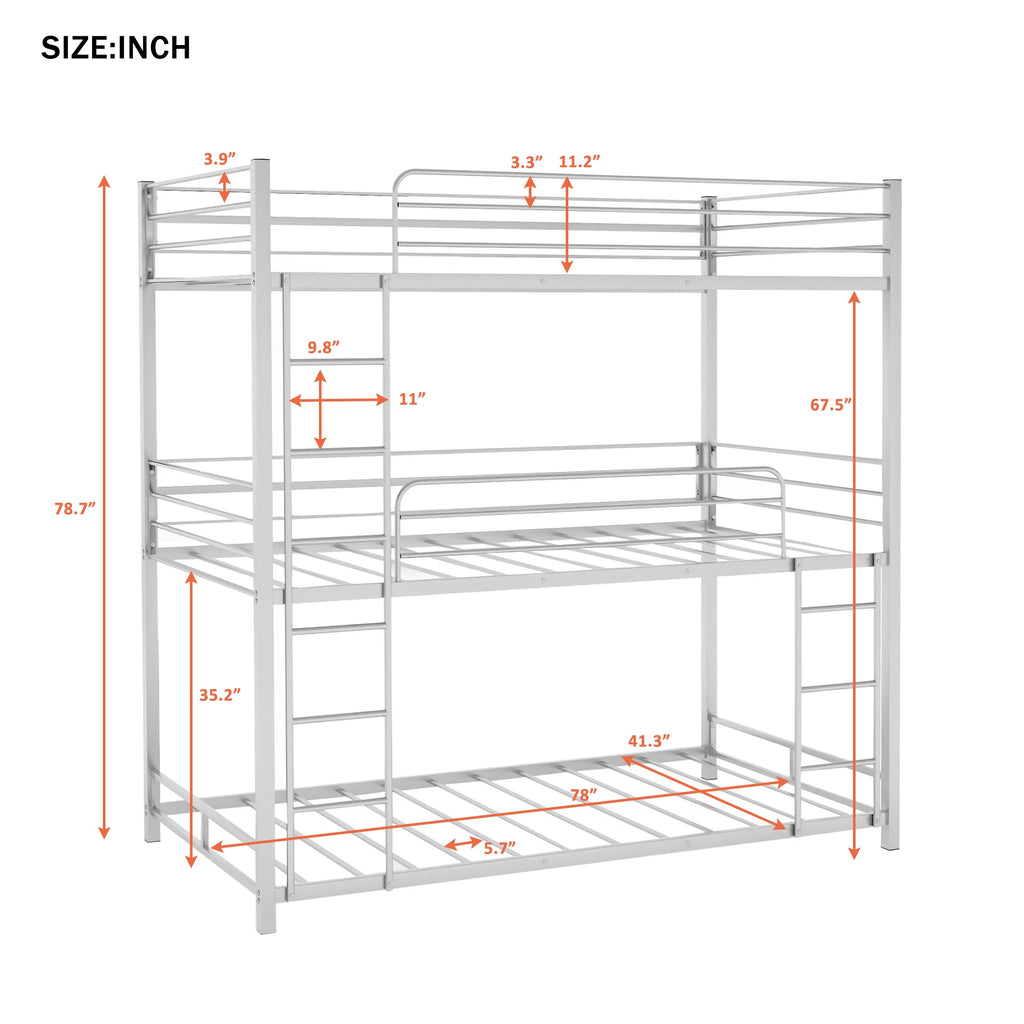 Metal Triple Bunk Bed Twin Over Twin with Ladder and Safety Guardrail E8129