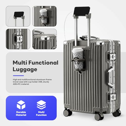 White 20Inch Hardside Carry-on Luggage with Cup Holder USB Port TSA Lock Spinner Wheels H2538