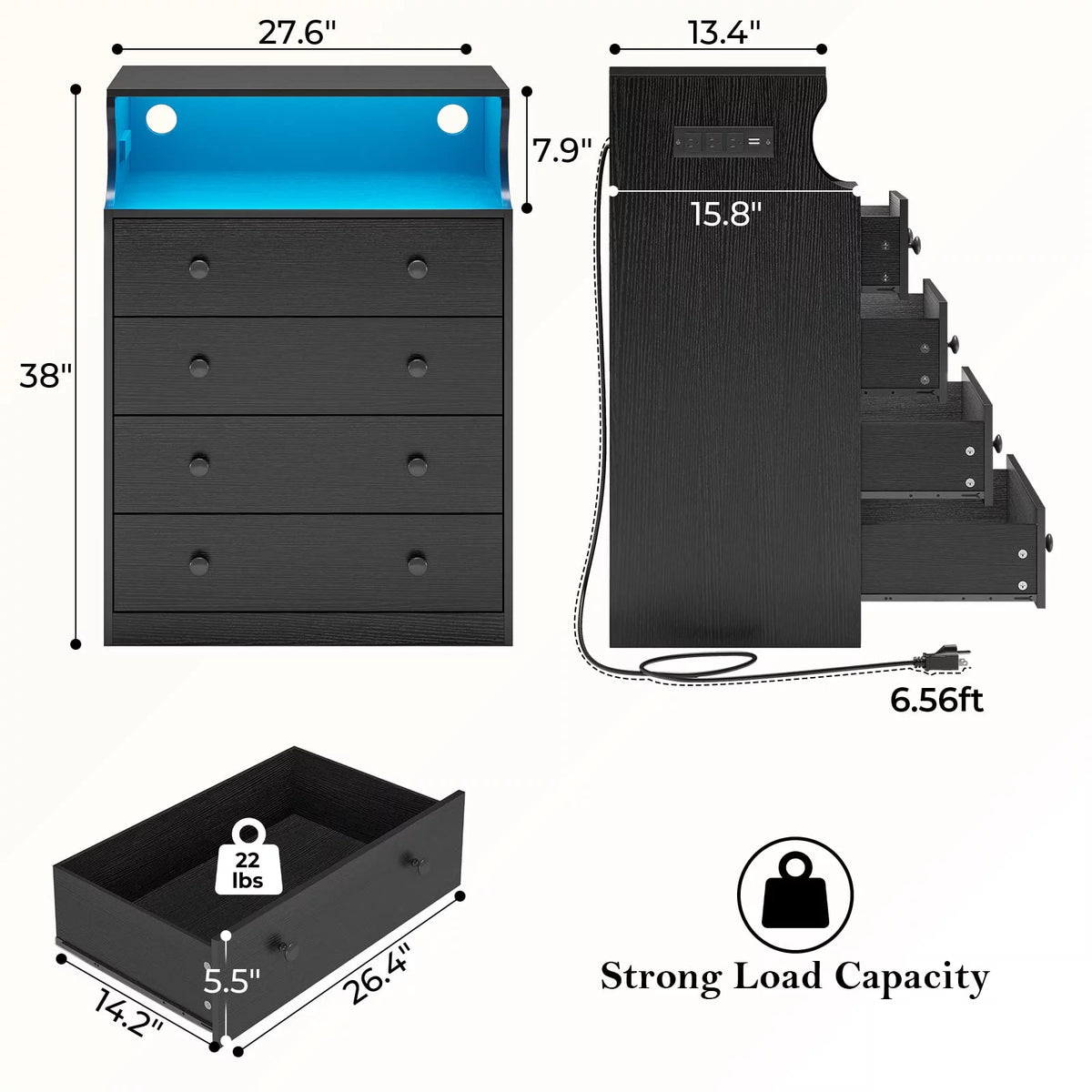 Black 4 Drawer Dresser with LED Lights and Charging Station A8695