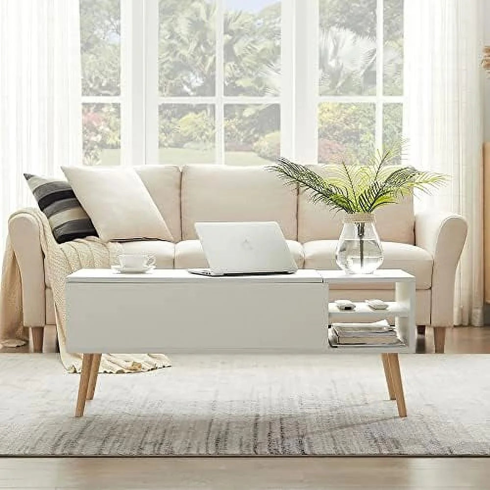 43" Lift Top Wooden Coffee Table with Hidden Storage and Open Shelves Matte White Q985497