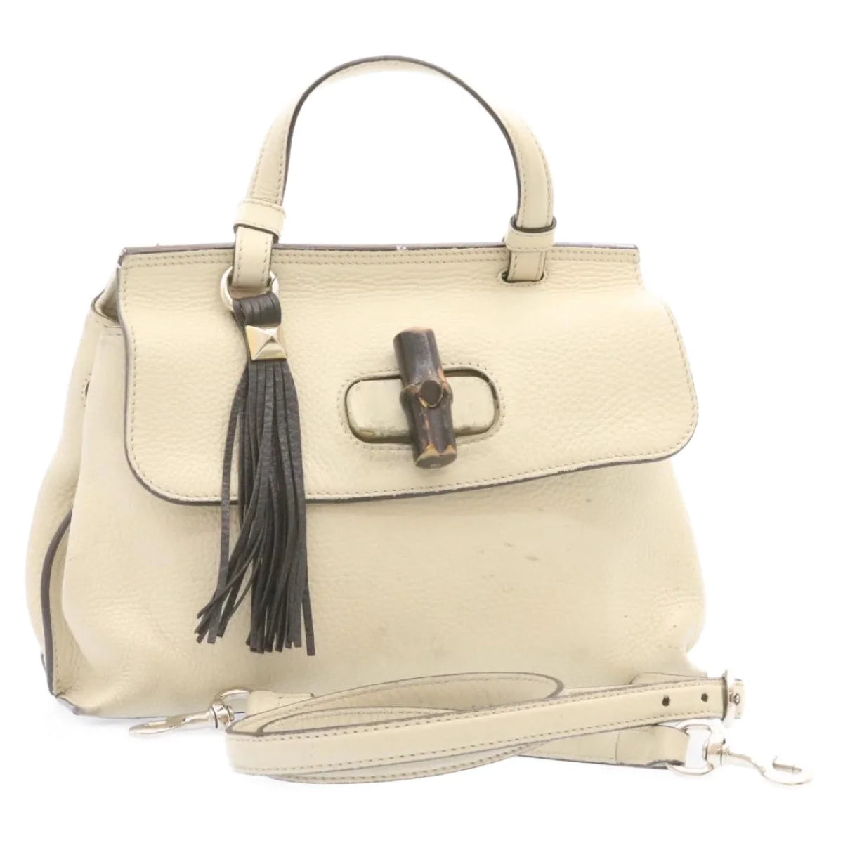 White Leather Bamboo Handbag P55017