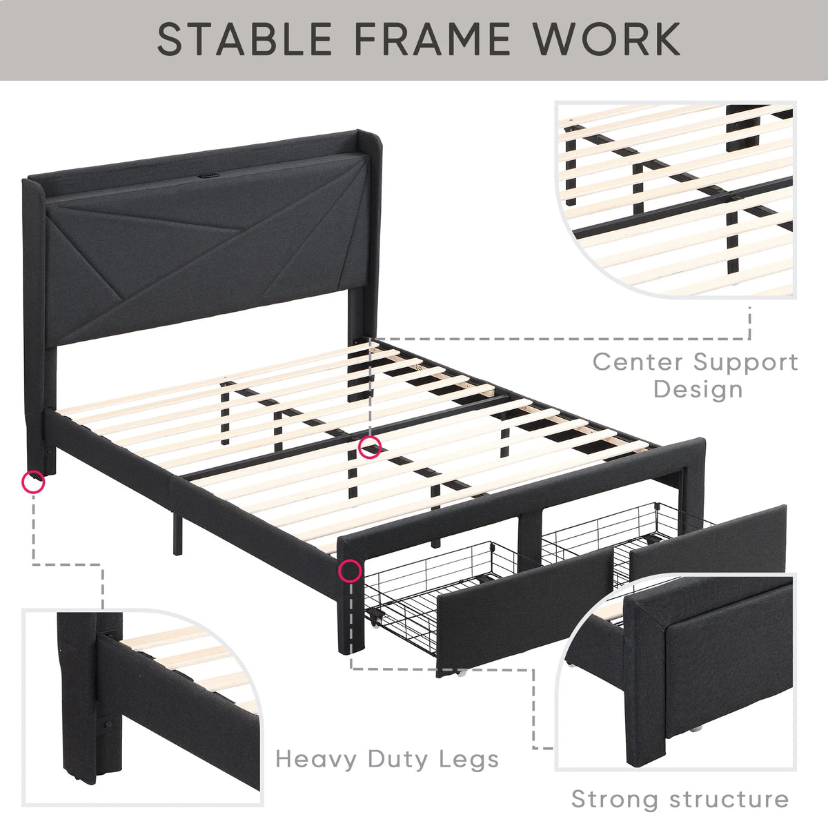 Queen Size Bed Frame with 2 Storage Drawers Dark Gray K19704