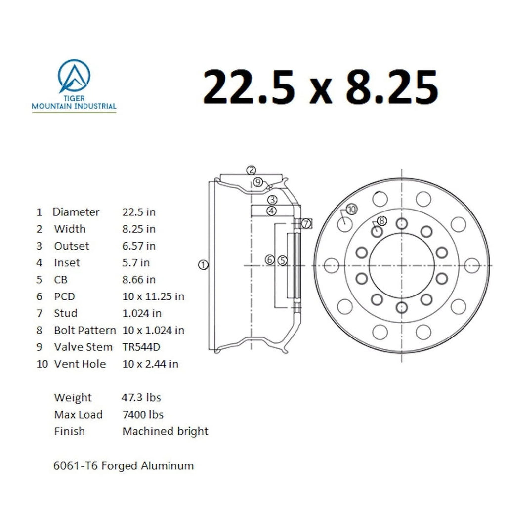 22.5 x 8.25 Forged Aluminum Commercial Truck Wheels Y197