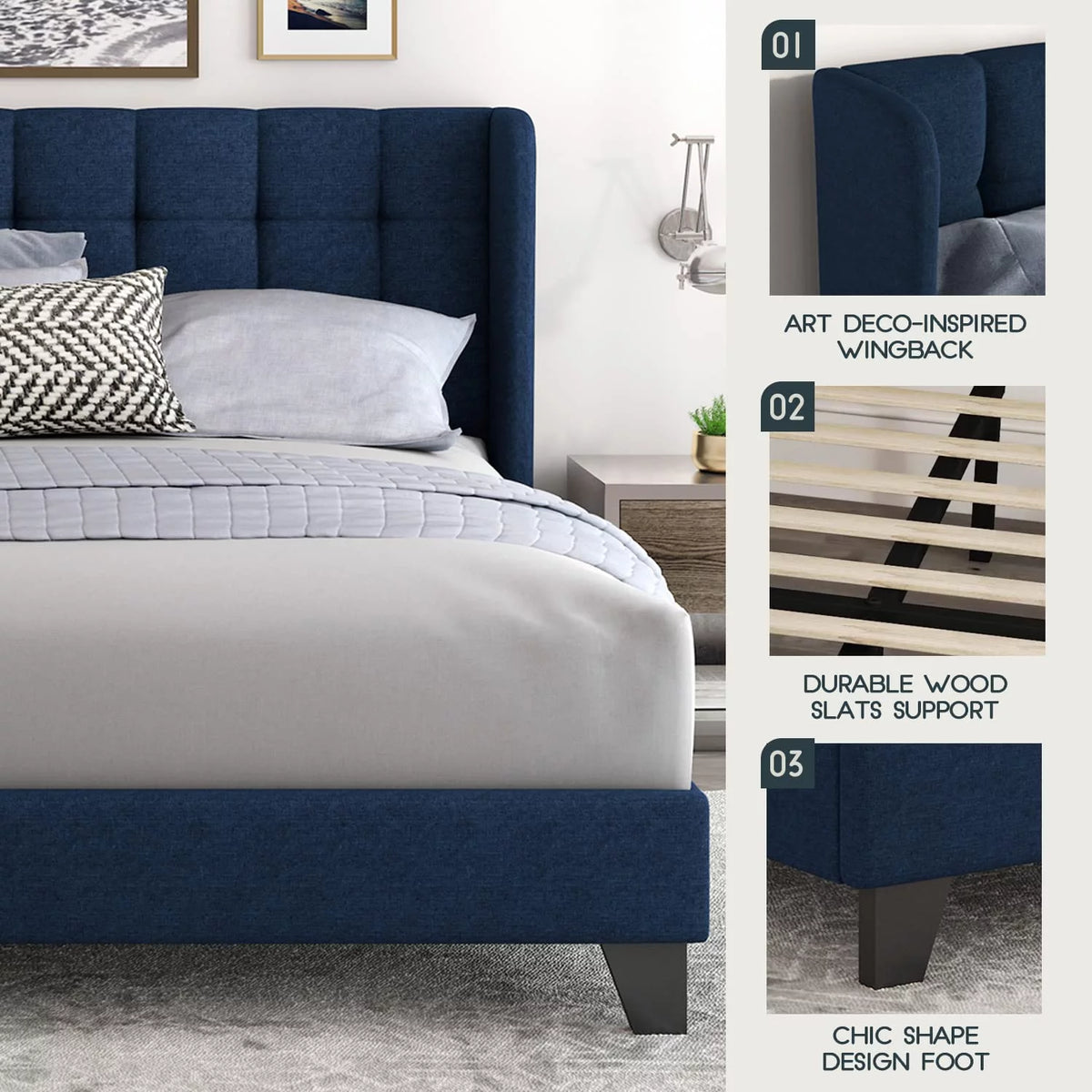 Queen Platform Bed Frame with Upholstered Wingback Linen Fabric Headboard U905