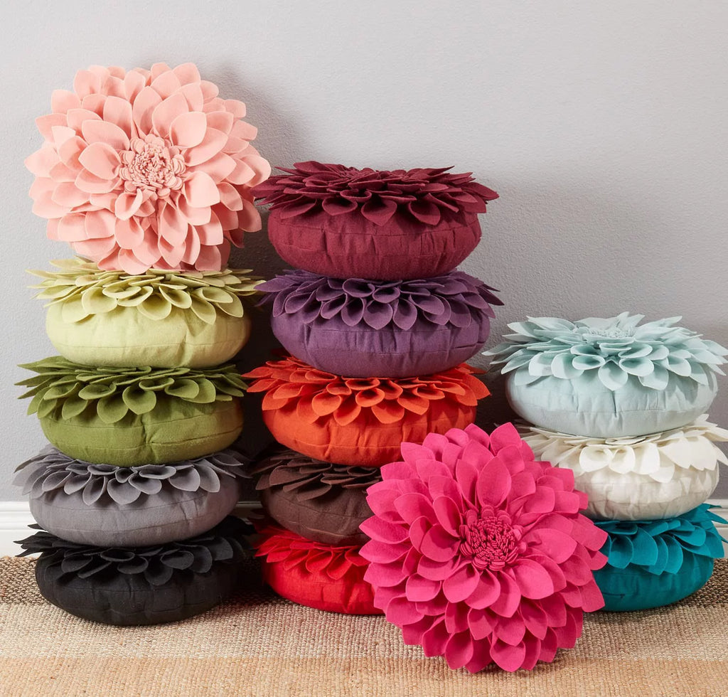 3D Petals Flower Filled Decorative Throw Pillow 16" Round Lime Floral Felt Accent Pillow B7490