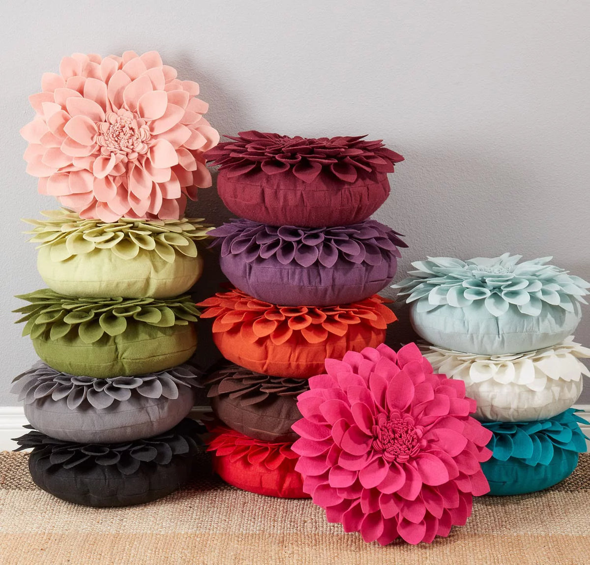 3D Petals Flower Filled Decorative Throw Pillow 16" Round Lime Floral Felt Accent Pillow B7490