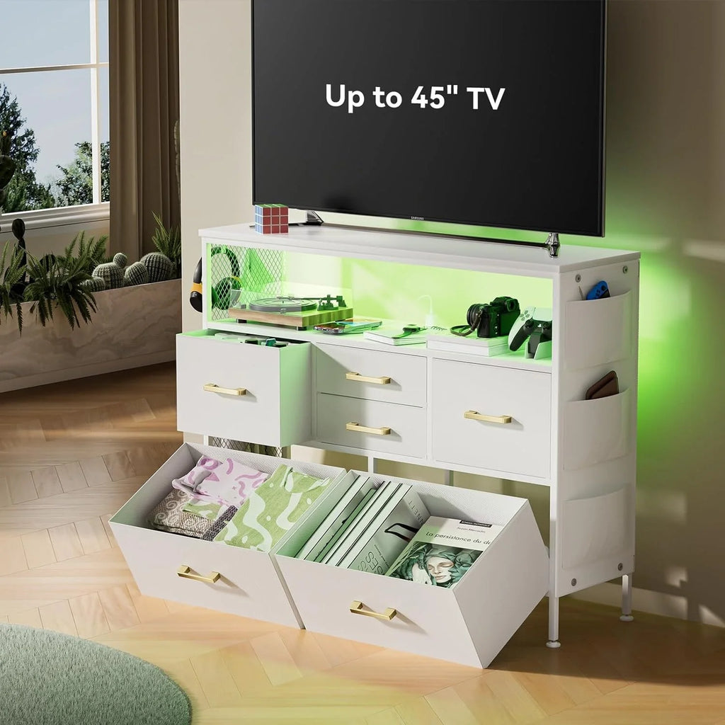 White 6 Drawers Dresser TV Stand with Power Outlets X74724