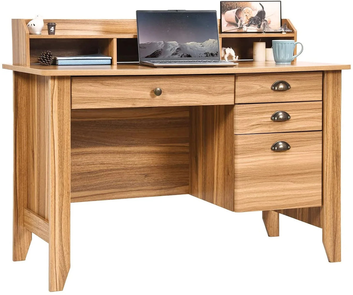 White Oak Computer Desk with Drawers and Hutch Shelf B487