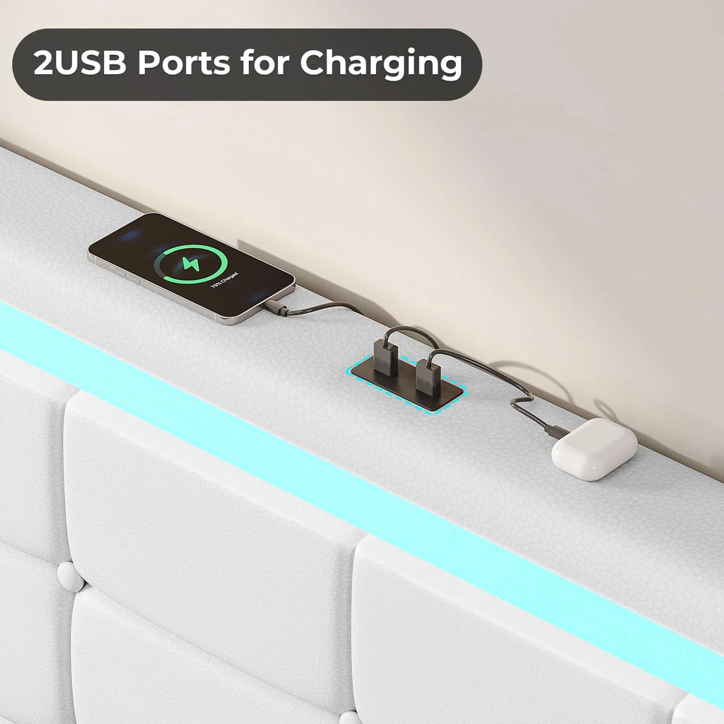 King Bed Frame with Storage Drawers, LED Lights, USB Port, White T703652