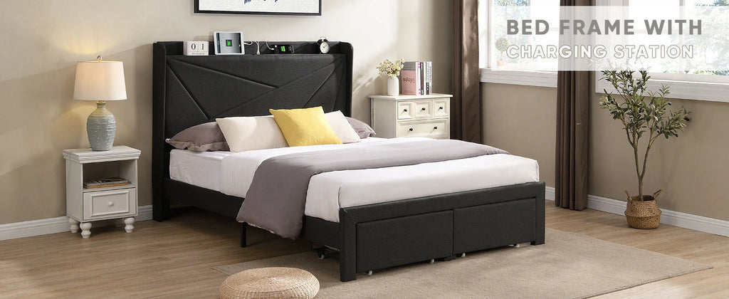 Queen Size Bed Frame with 2 Storage Drawers Dark Gray K19704