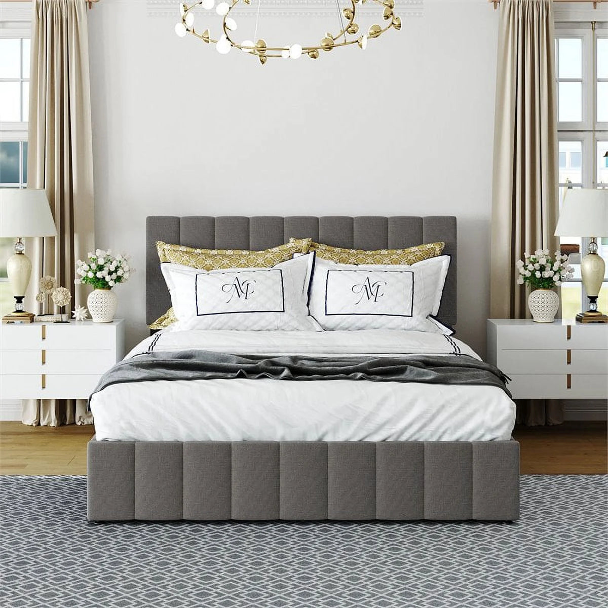 Twin Wood Platform Bed with Fabric Upholstery in Gray X14206