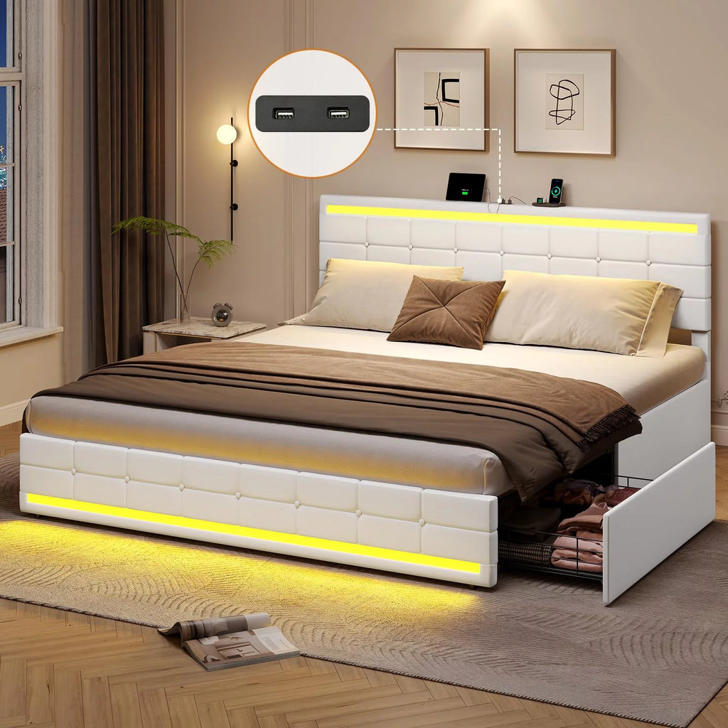 King Bed Frame with Storage Drawers, LED Lights, USB Port, White T703652