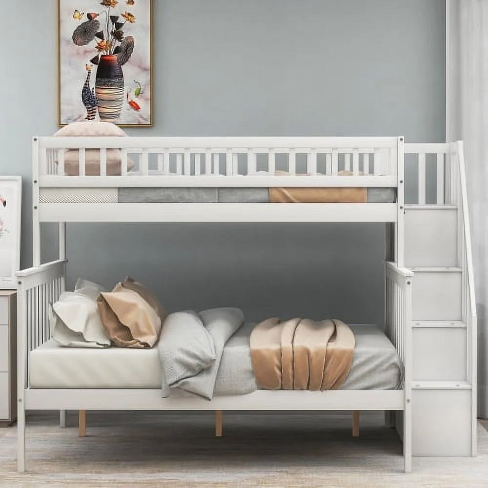 White Twin over Full Stairway Bunk Bed with Storage O52884