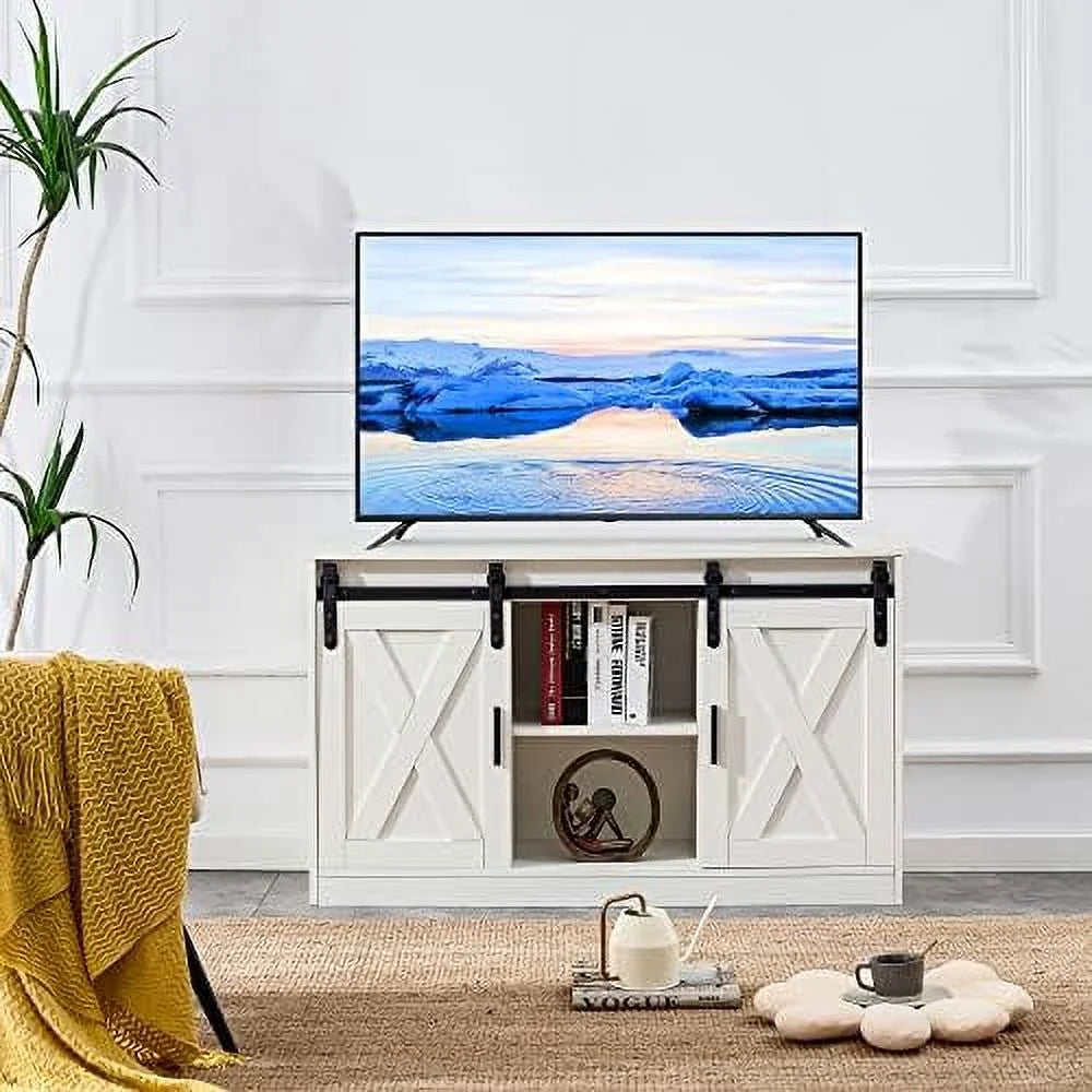 47 Inch White Farmhouse TV Stand with Sliding Barn Door U667