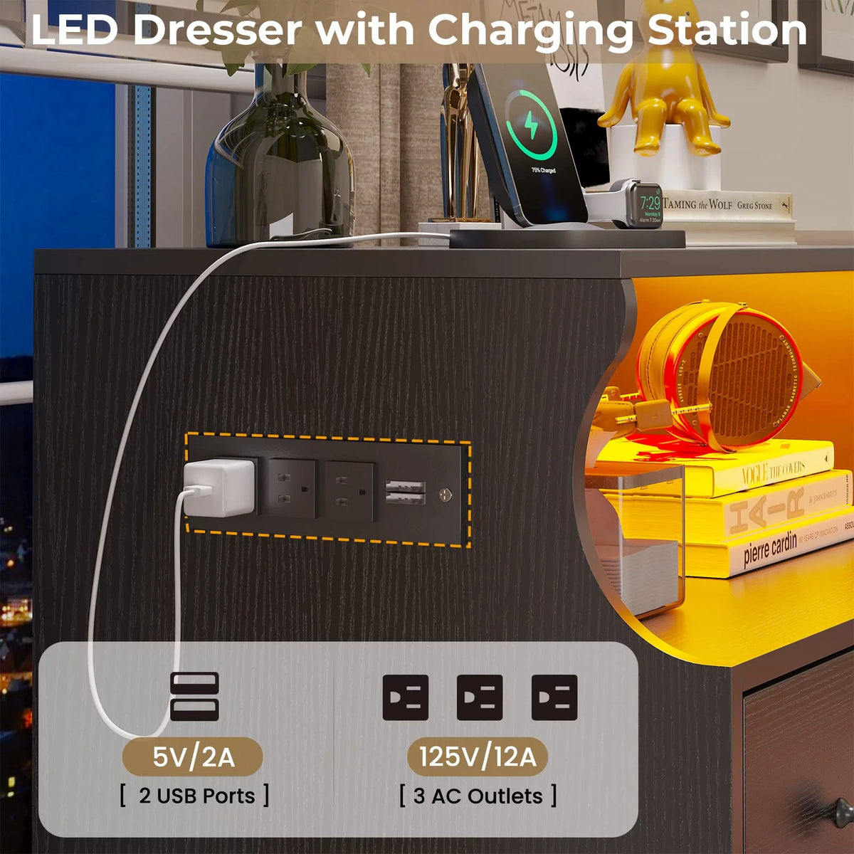 Black 4 Drawer Dresser with LED Lights and Charging Station A8695