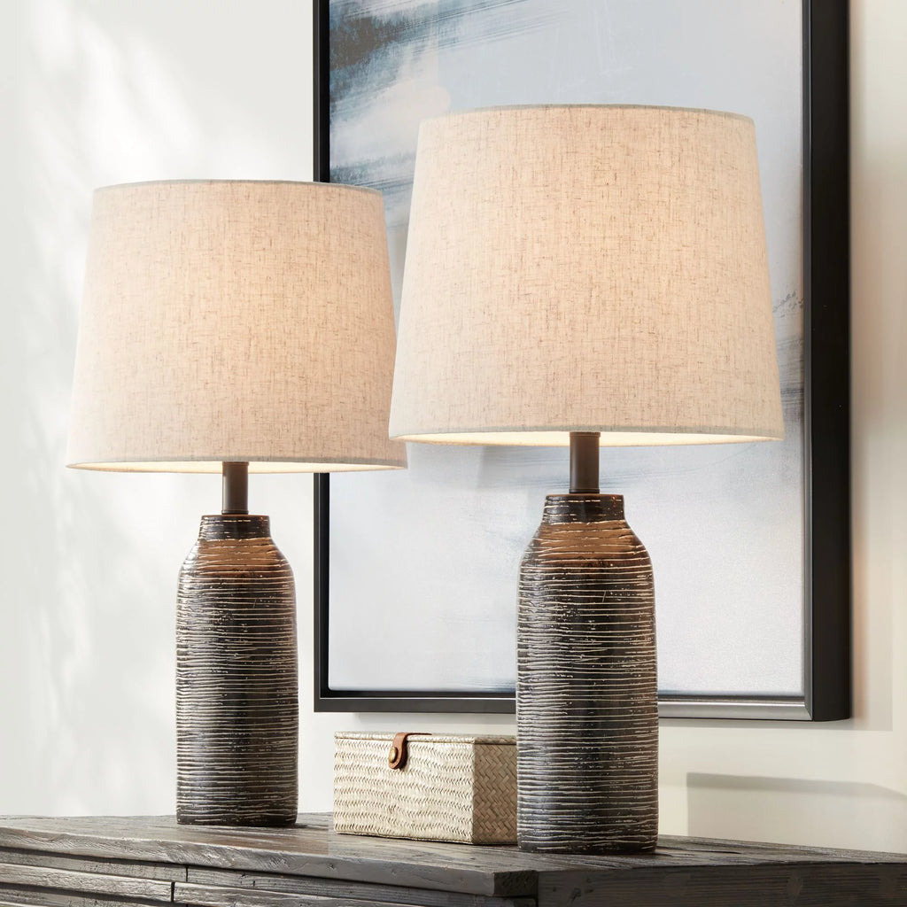 24" High Mid Century Modern Table Lamps Set of 2 Black Finish Oatmeal Shade J844